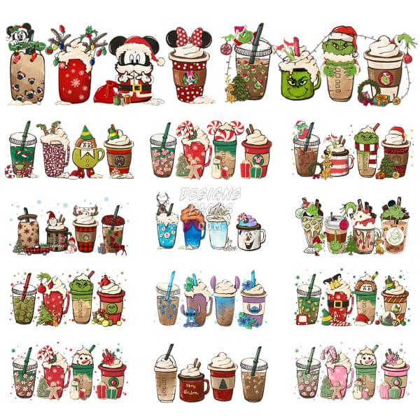 14 Christmas Cartoon Drinks Cups Designs Bundle Png