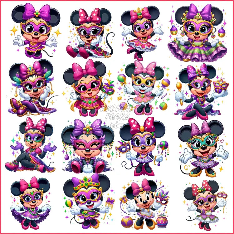 16 Minnie Cartoon Mouse Mardi Gras Designs Bundle Png