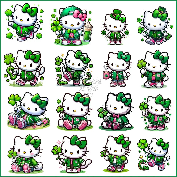 16 St. Patrick’s Day Hello Cat Kitty Designs Bundle Png