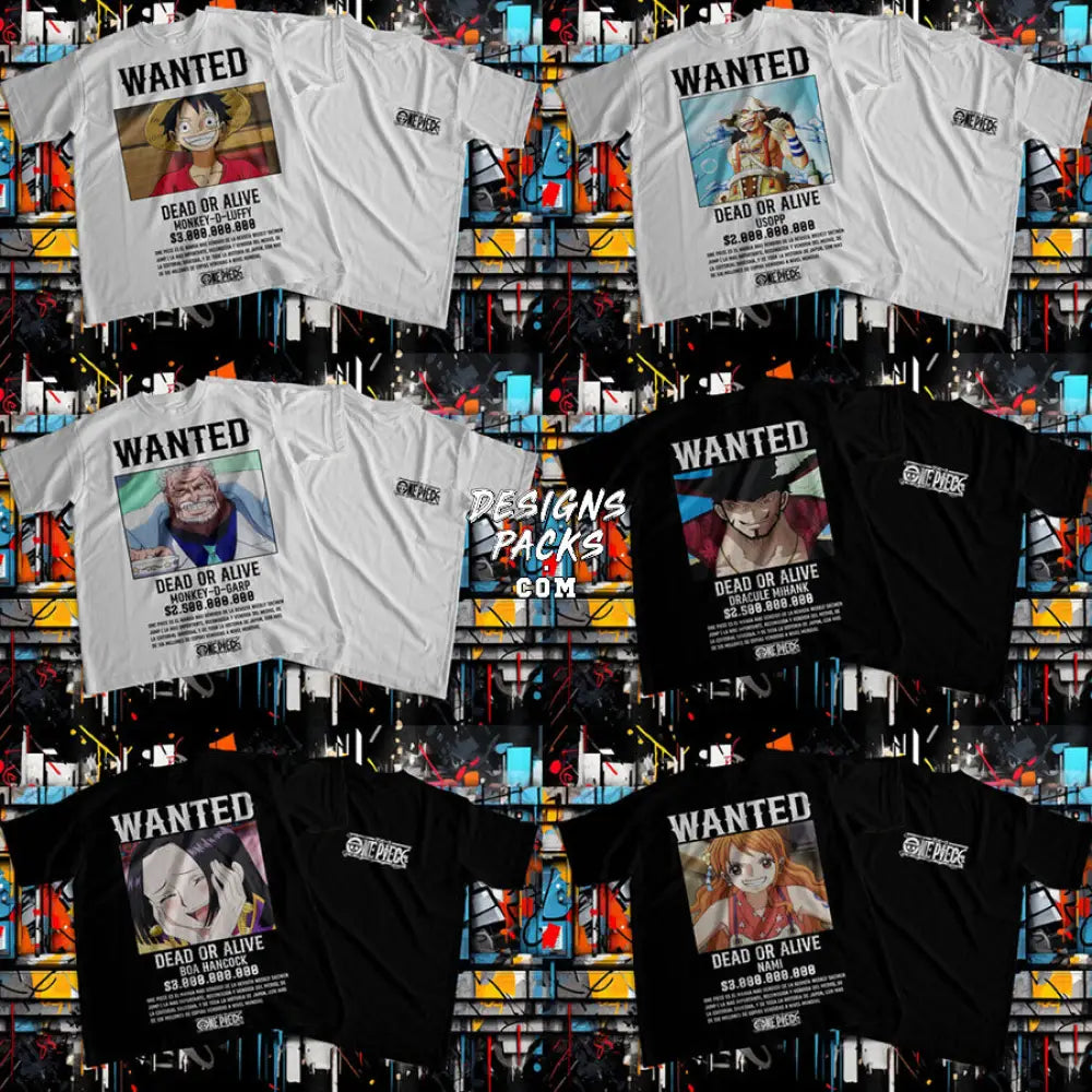 20 One Piece Wanted Streetwear Designs Bundle Png + Psd