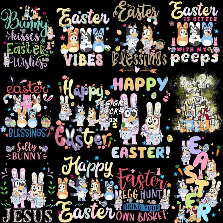 24 Cartoon Easter Day Bluey Dog Designs Bundle Png
