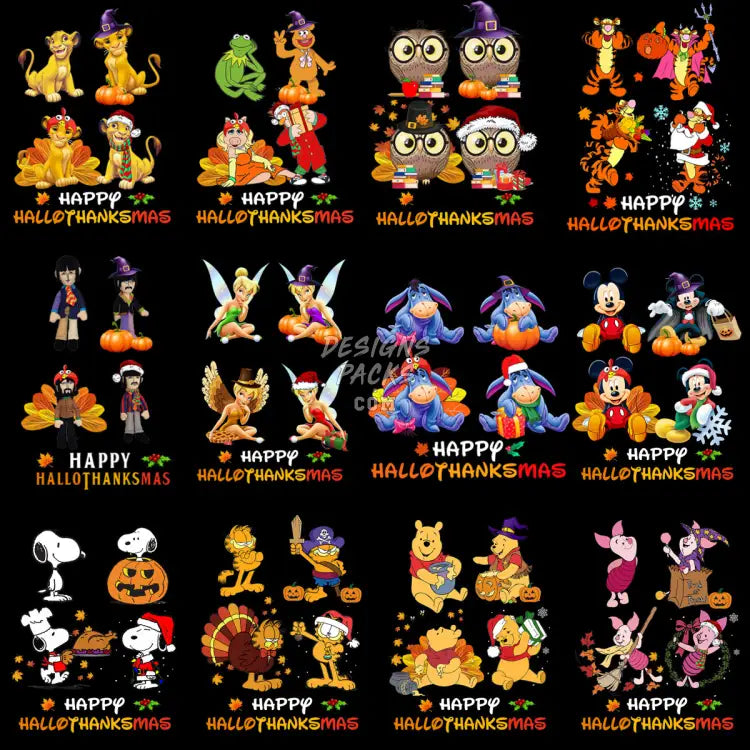 24 Halloween Thanksgiving Christmas Cartoon Designs Bundle Png