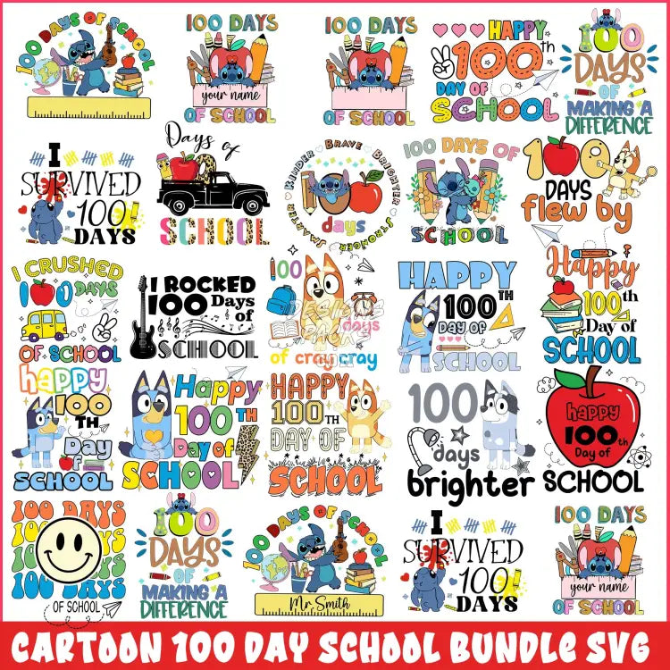 25 Cartoon 100 Day School Designs Bundle Png