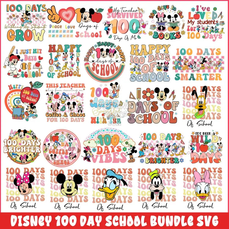 25 Cartoon 100 Day School Designs Bundle Png Svg Dxf Eps Pdf