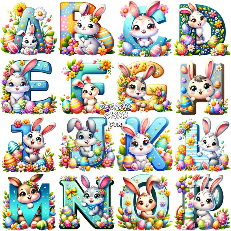 26 Cute Easter Day Alphabet Letters Bunny Designs Bundle Png