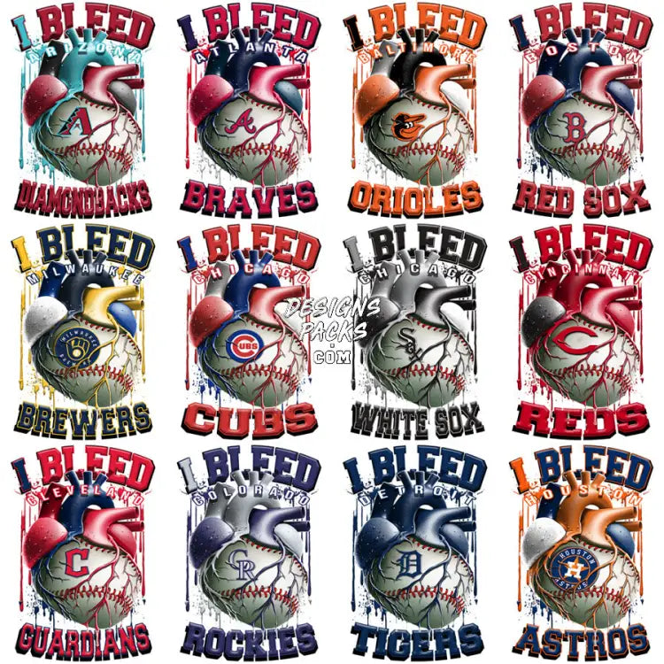 30 I Bleed Heart Baseball Teams Designs Bundle Png