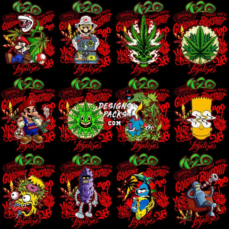 30 Weed Cartoon Gangster Dope 420 Cannabis Marijuana Designs Bundle Png + Psd