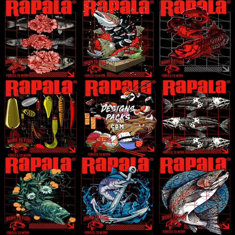 9 Brand Fishing Lovers Rapala Streetwear Designs Bundle Png + Psd