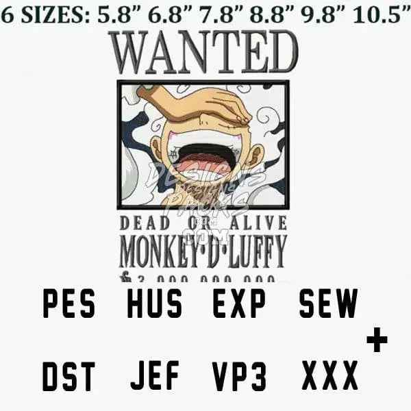 Luffy Wanted One Piece Anime Embroidery Design designspacks