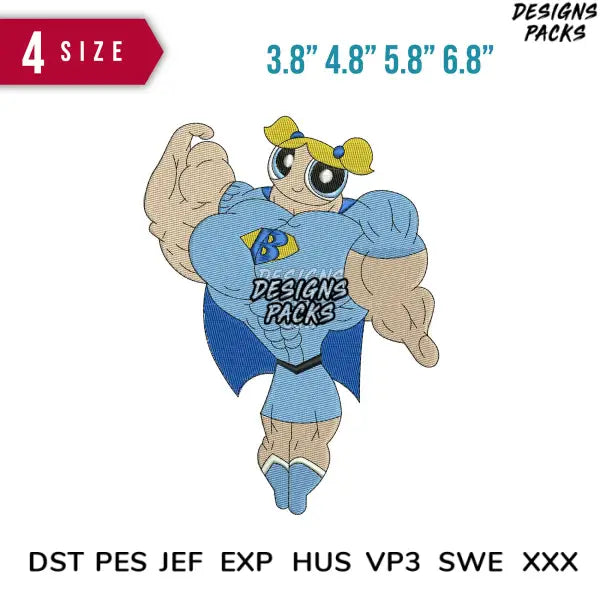 Power puff muscle Blue Embroidery Design 3.8" 4.8" 5.8" 6.8"