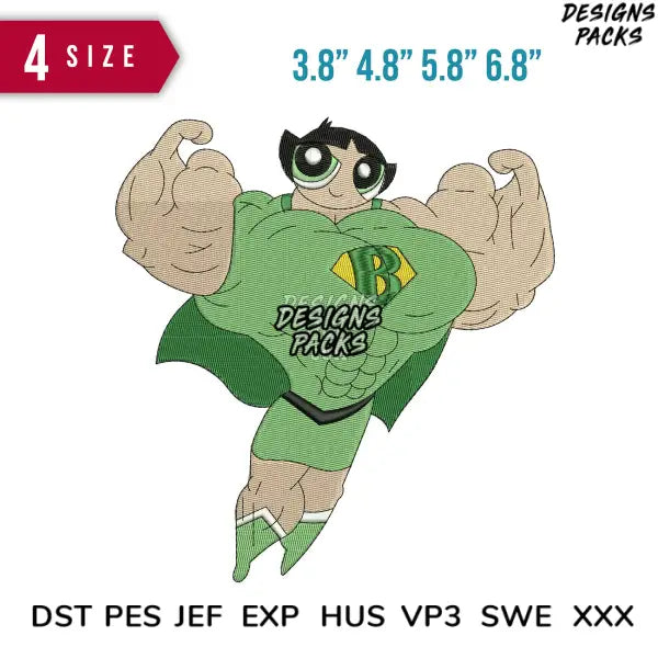 Power puff muscle Green Embroidery Design 3.8" 4.8" 5.8" 6.8"