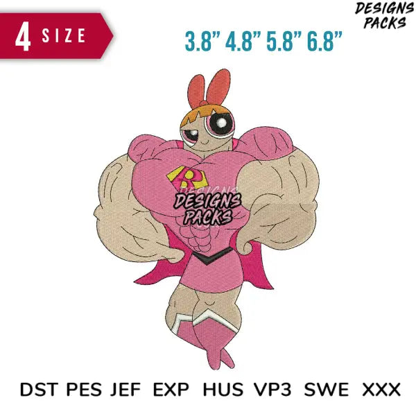 Power puff muscle pink Embroidery Design 3.8" 4.8" 5.8" 6.8"