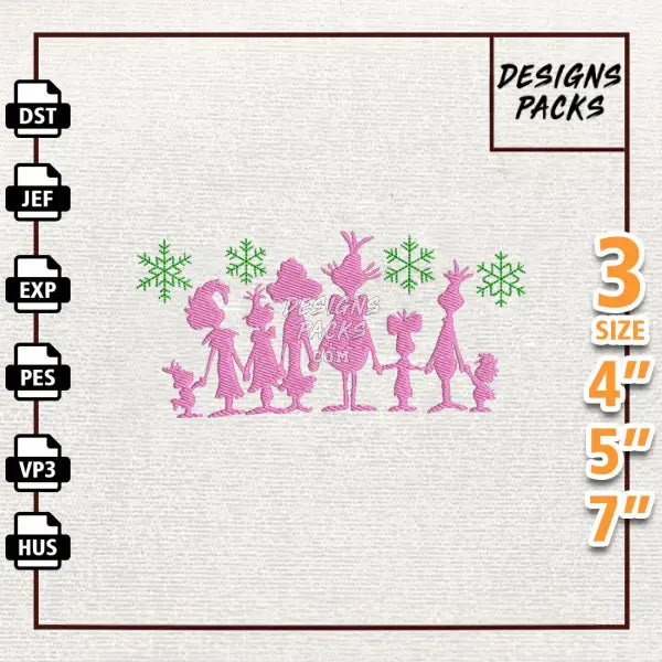 Retro Pink Christmas Greench Embroidery Design