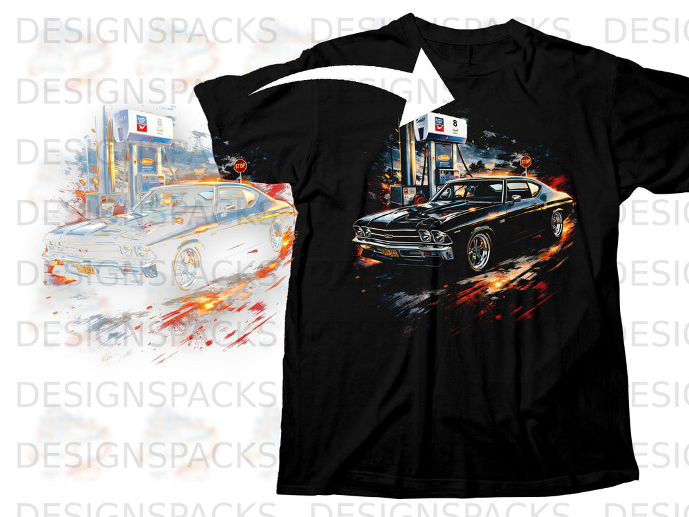 A black t-shirt printed with a vintage muscle car graphic in front of a gas station.