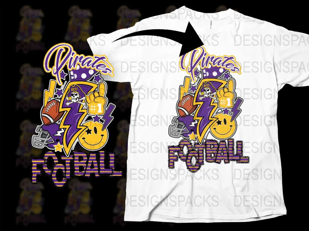 Pirates Football design with skull, lightning, and smiley on white t-shirt, print-ready SVG