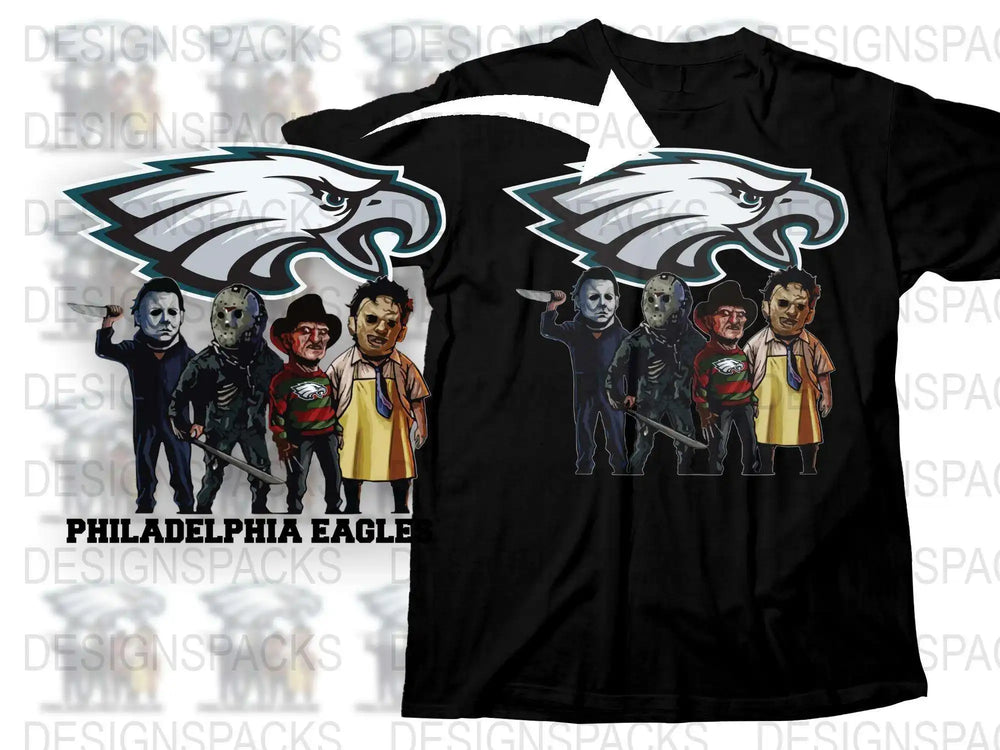 Philadelphia Eagles horror movie characters t-shirt design with iconic villains and team logo, perfect for fans