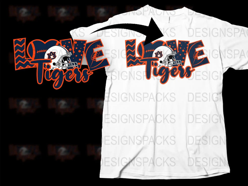 Love Tigers football helmet design on white t-shirt, print-ready for DTG or DTF printing