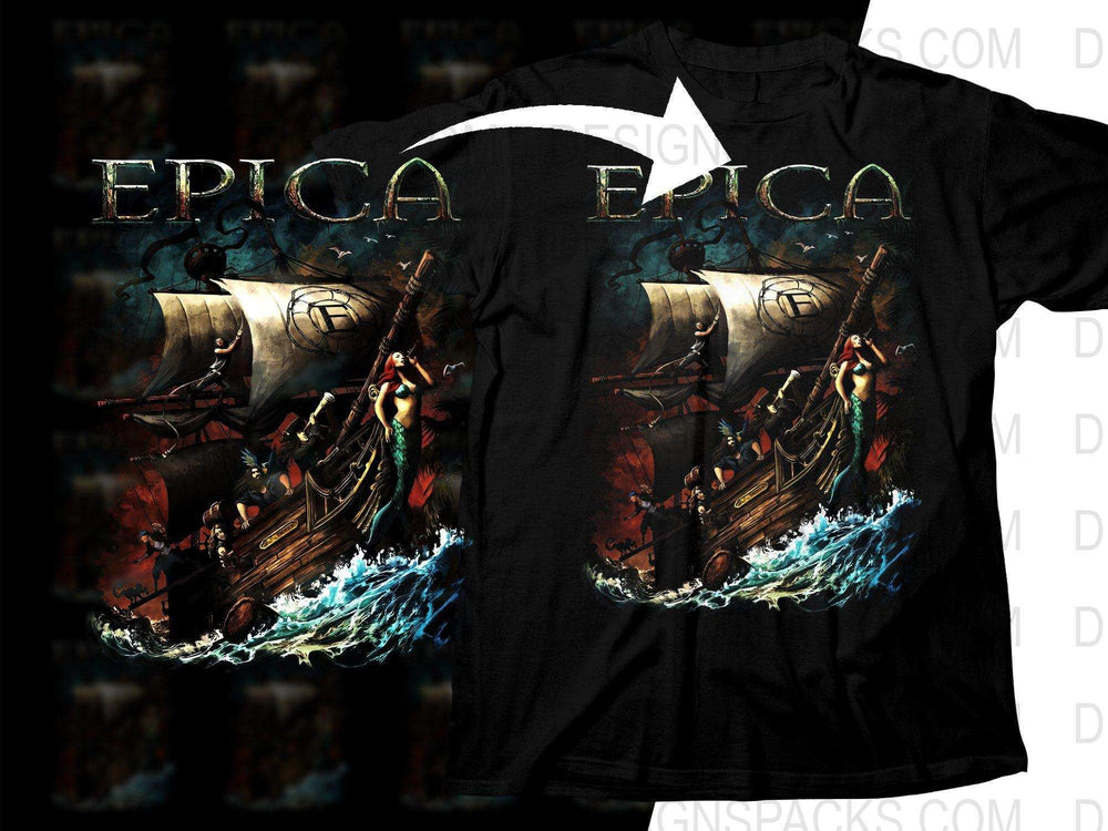 EPICA band t-shirt design with pirate ship, mermaid, and ocean waves — print-ready DTF/DTG graphic