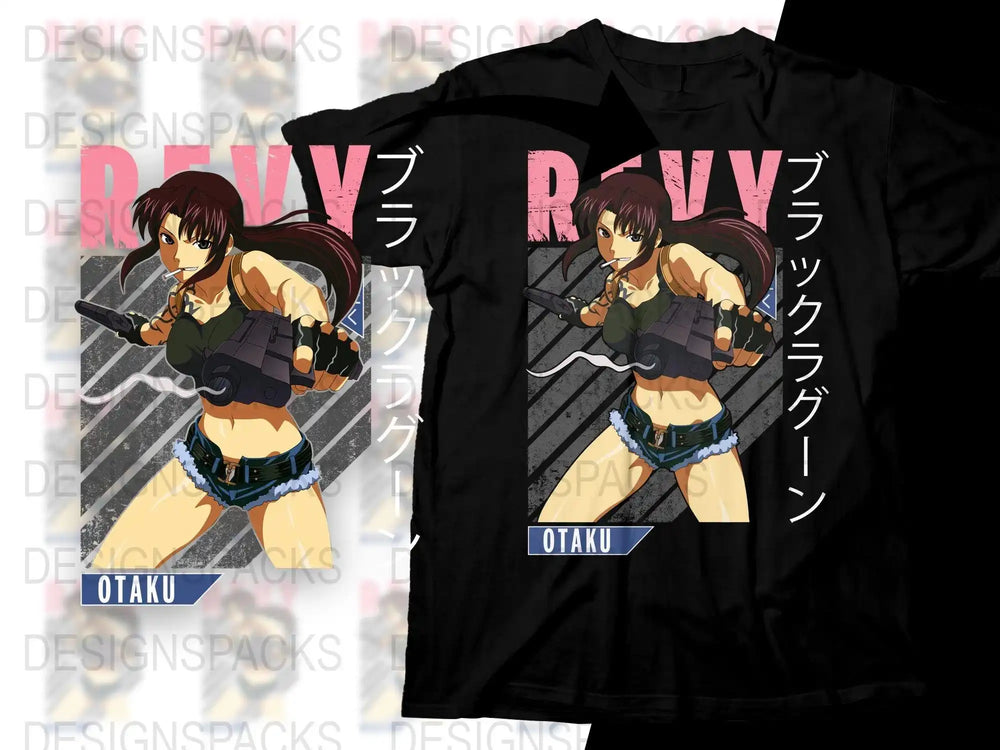 Anime girl with gun and cigarette on black t-shirt, otaku design, Japanese text, print-ready