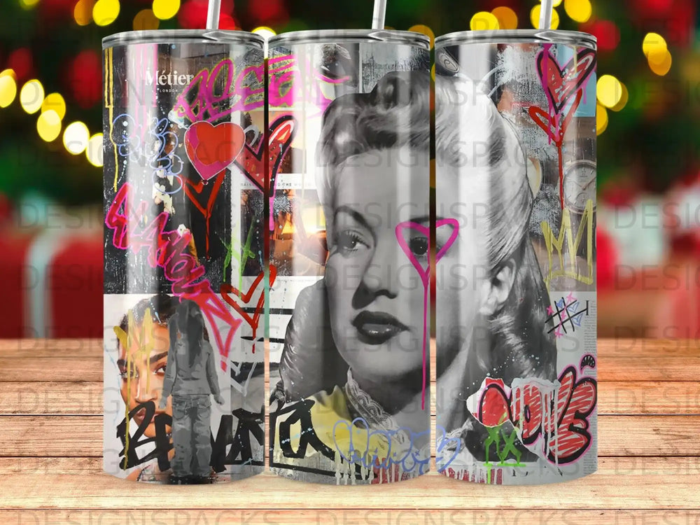 Graffiti-style tumbler wrap with vintage portraits and colorful hearts for sublimation printing