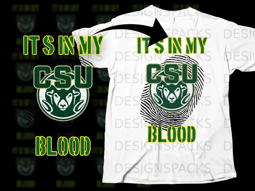 CSU Rams 'It's In My Blood' t-shirt design with fingerprint graphic, green and gold text, print-ready for DTF/DTG.