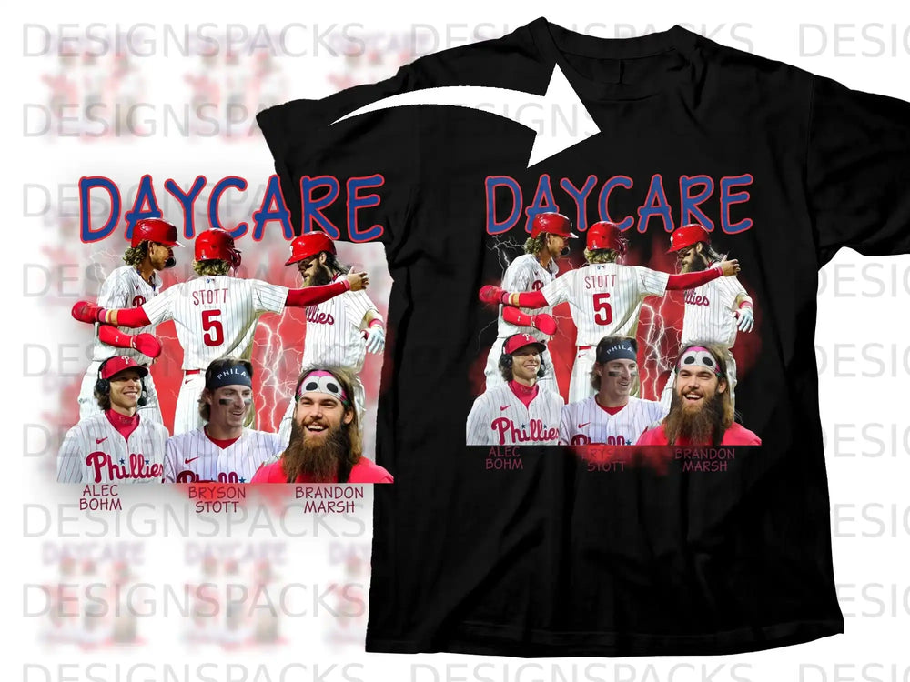 Philadelphia Phillies baseball team design on black t-shirt with 'DAYCARE' text