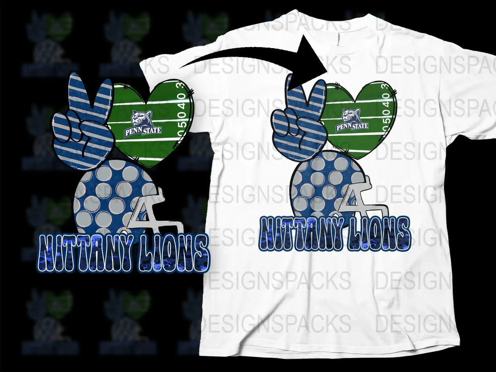 Penn State Nittany Lions football design with heart, peace sign, and helmet for DTF/DTG t-shirt printing
