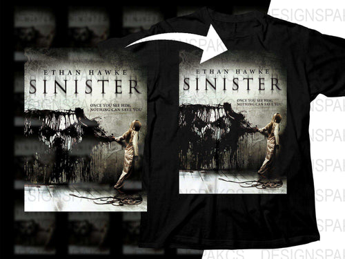 Ethan Hawke Sinister horror movie poster design on black t-shirt, print-ready for DTG/DTF
