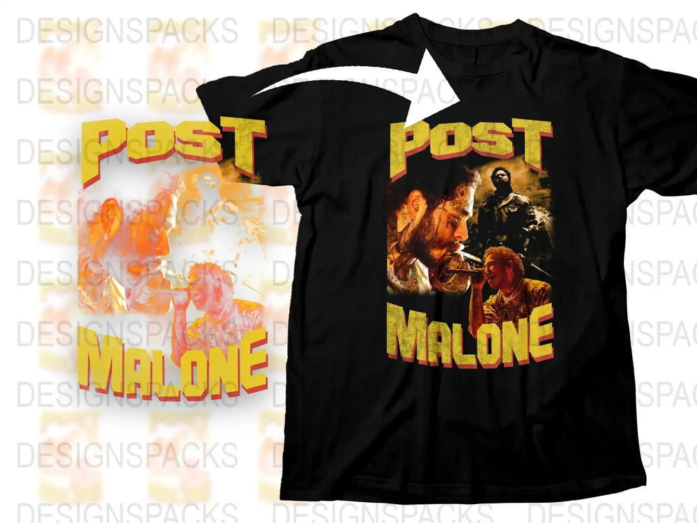 Post Malone concert graphic t-shirt design with bold yellow text and vibrant artwork