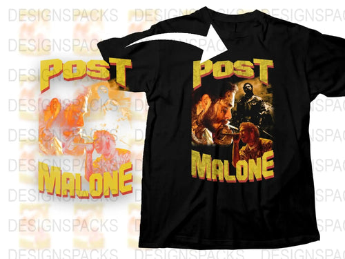 Post Malone concert graphic t-shirt design with bold yellow text and vibrant artwork