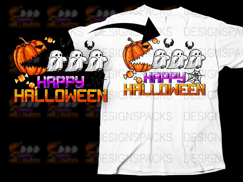 Pixel art Halloween t-shirt design with pumpkin, ghosts, candy, and 'Happy Halloween' text for DTG/DTF printing