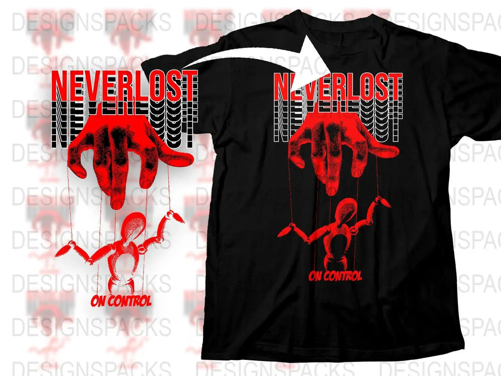 Black t-shirt with red 'NEVERLOST ON CONTROL' design featuring puppet hand and marionette