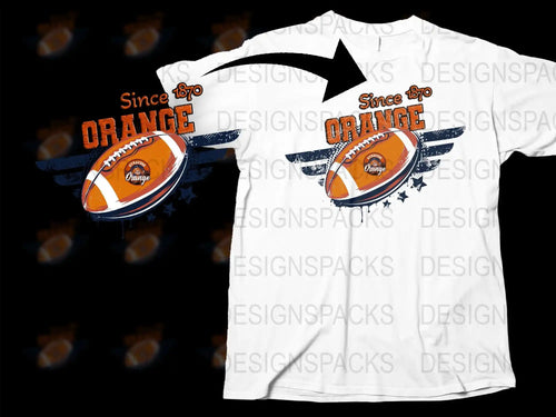 White t-shirt with 'Since 1870 Orange' football design, wings, and stars for DTF/DTG printing