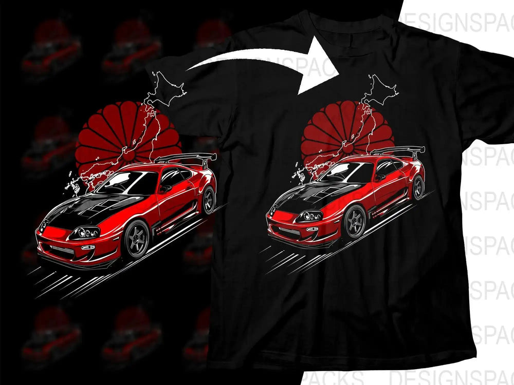 Red sports car t-shirt design with Japanese flag motif, ideal for DTF/DTG printing and custom apparel.