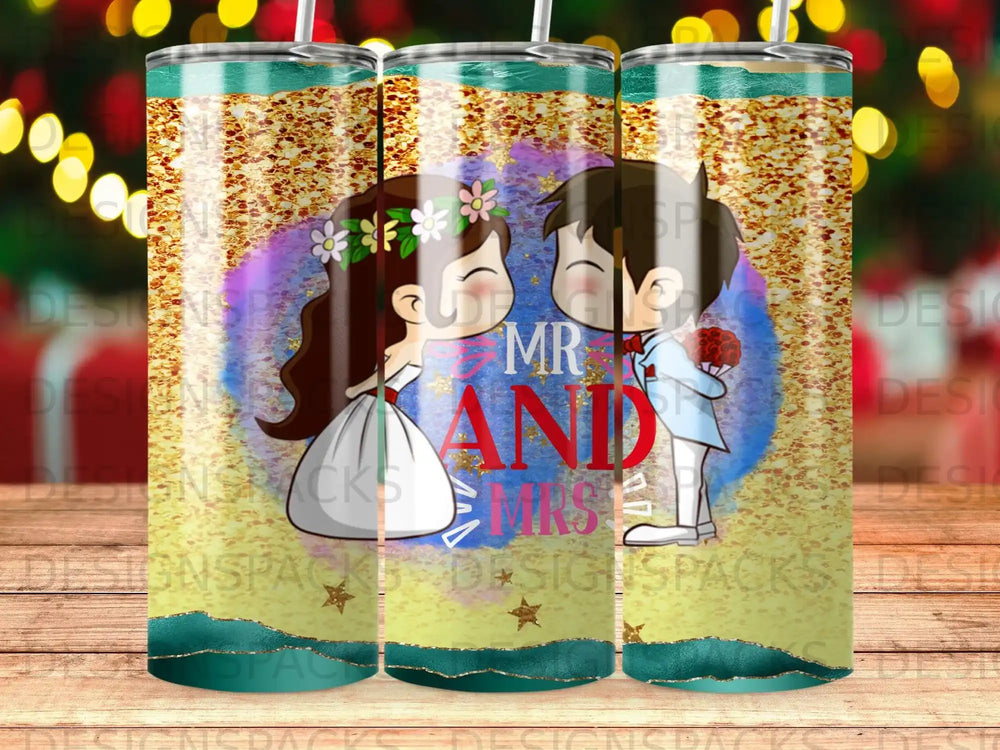 Mr and Mrs wedding tumbler wrap design with glitter, bride, groom, floral crown, and stars for sublimation