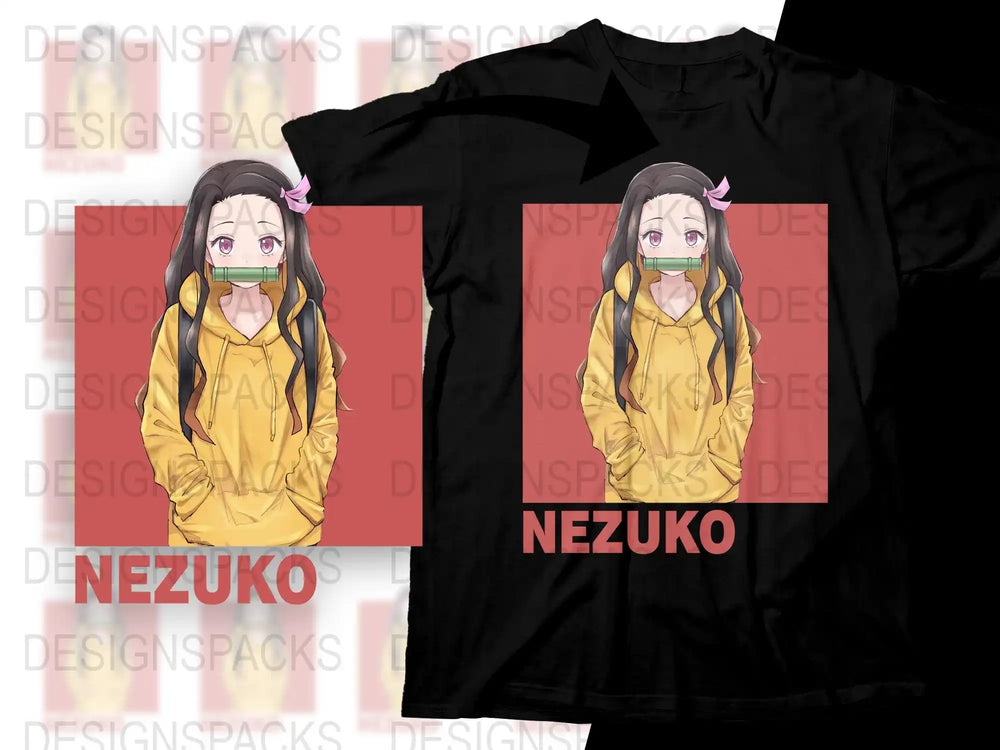 Nezuko anime character design on black t-shirt, print-ready PNG for DTF/DTG, featuring yellow hoodie and pink bow