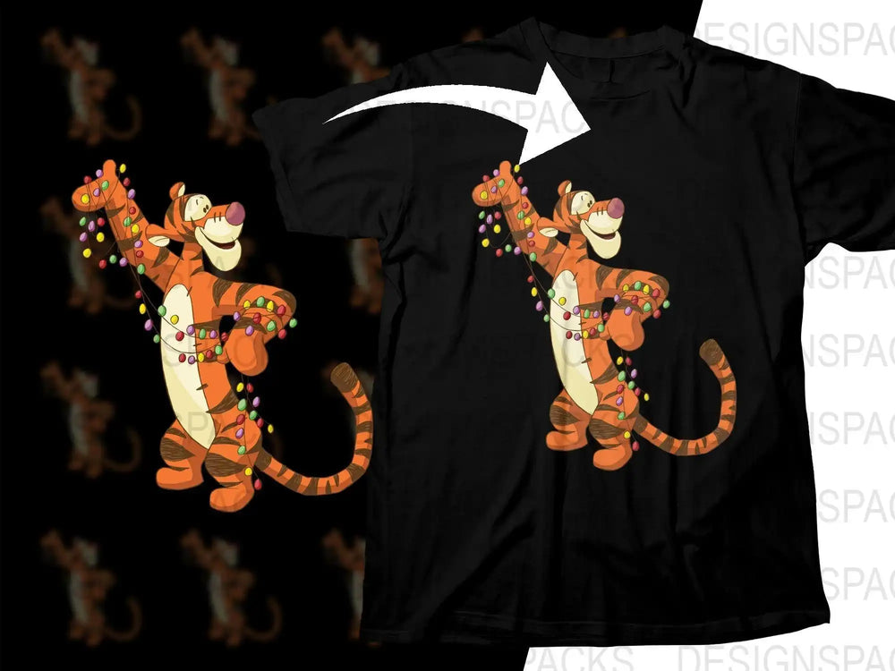 Tigger with Christmas lights on black t-shirt, festive design for DTG/DTF printing