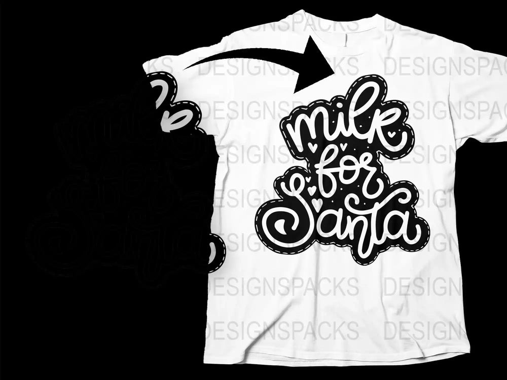 Milk for Santa t-shirt design with festive lettering and hearts