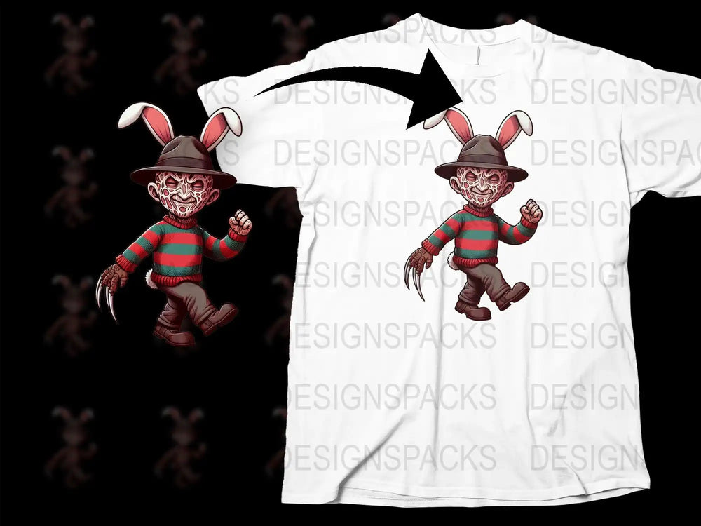 Freddy Krueger with bunny ears on white t-shirt, print-ready design for DTG/DTF