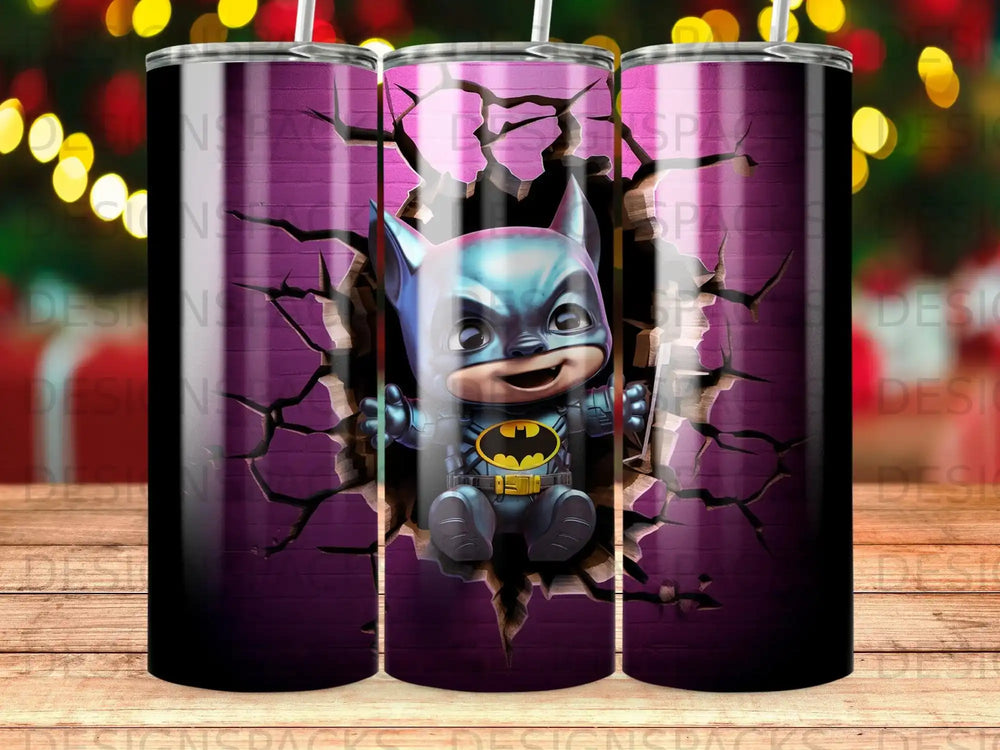 Cute baby Batman tumbler wrap design with cracked wall effect, purple background, print-ready SVG/PNG
