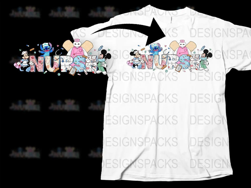 Nurse-themed t-shirt design with Disney characters Stitch, Minnie, Mickey, Baymax in medical outfits, perfect for DTF/DTG printing.