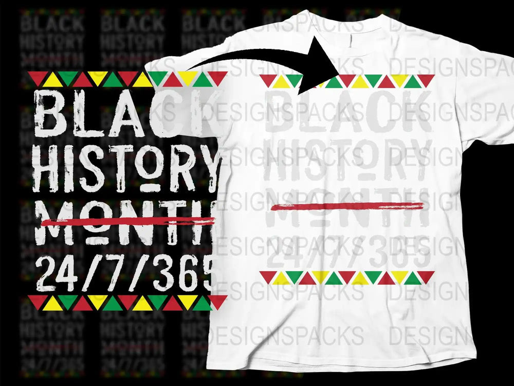 Black History Month 24/7/365 t-shirt design with colorful triangles and bold text