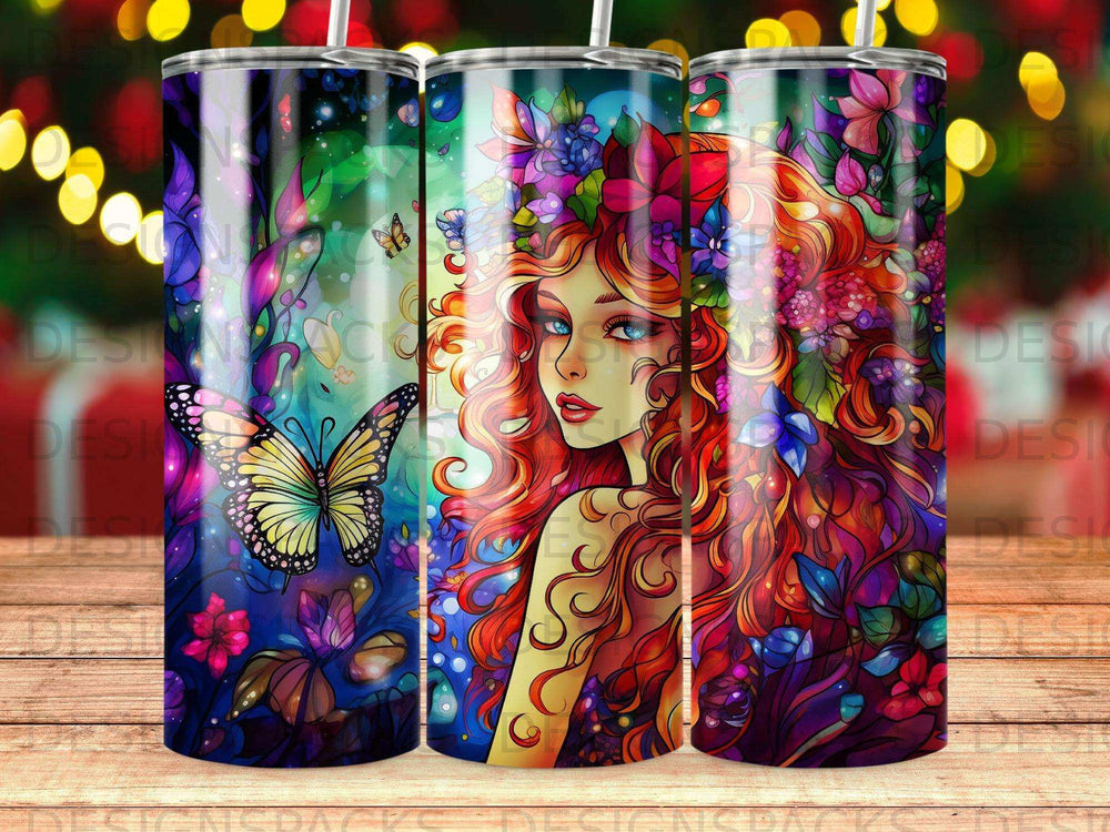 Vibrant fantasy tumbler wrap design with floral woman, butterflies, and colorful art for sublimation printing