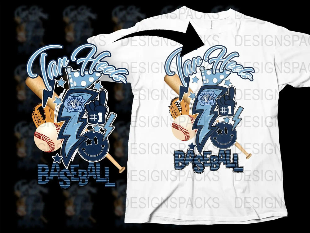 Tar Heels baseball design with bats, glove, and smiley face on white t-shirt