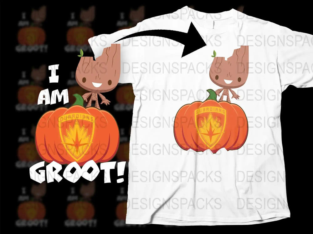 Cute Groot on pumpkin t-shirt design, Guardians of the Galaxy, Halloween, print-ready PNG SVG