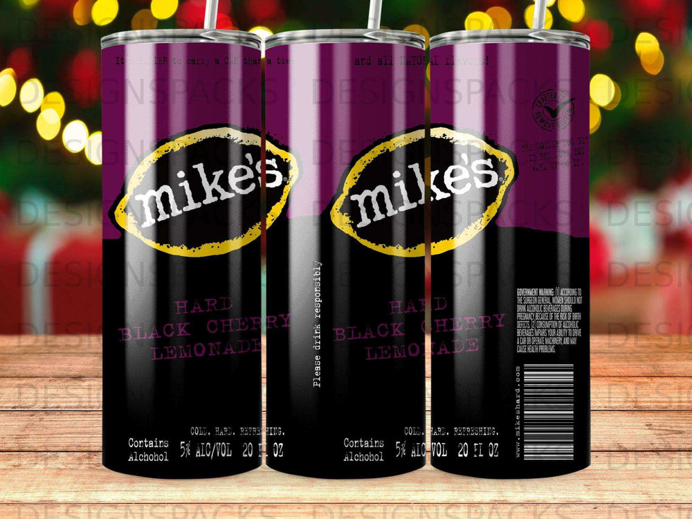 Mike's Hard Black Cherry Lemonade tumbler wrap design, print-ready for sublimation, featuring bold purple and black branding.