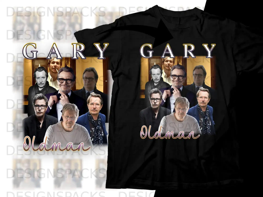 Gary Oldman collage t-shirt design with multiple portraits and 'Oldman' text, print-ready for DTG/DTF