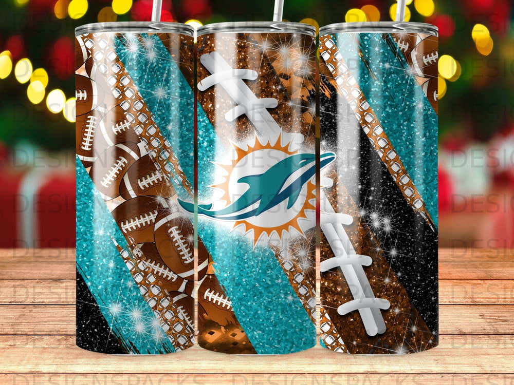 Miami Dolphins football-themed tumbler wrap with glitter, team logo, and footballs for DTF/DTG printing