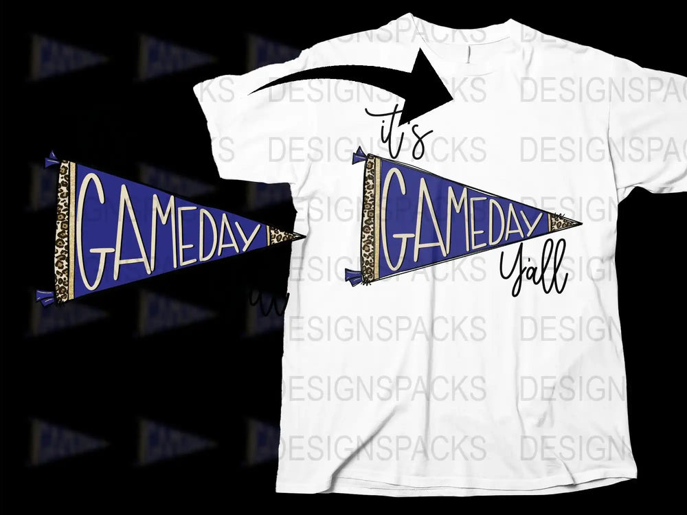 White t-shirt with 'It's Gameday Y'all' design, blue pennant, leopard print trim, perfect for game day apparel.