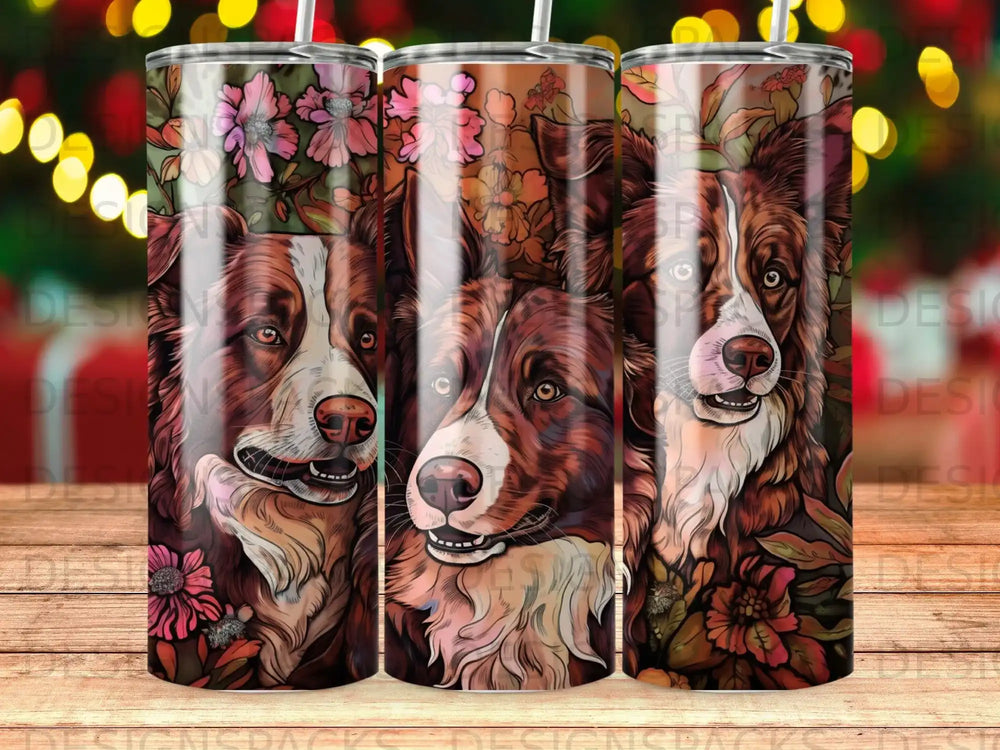 Border Collie dog tumbler wrap design with floral background, print-ready for sublimation or DTF/DTG
